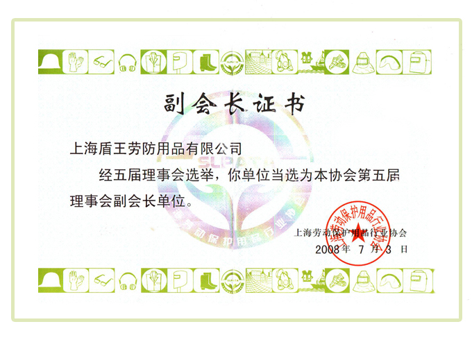 2008年盾王上海勞動(dòng)保護(hù)用品協(xié)會(huì)的第五屆理事會(huì)副會(huì)長(zhǎng)單位證書